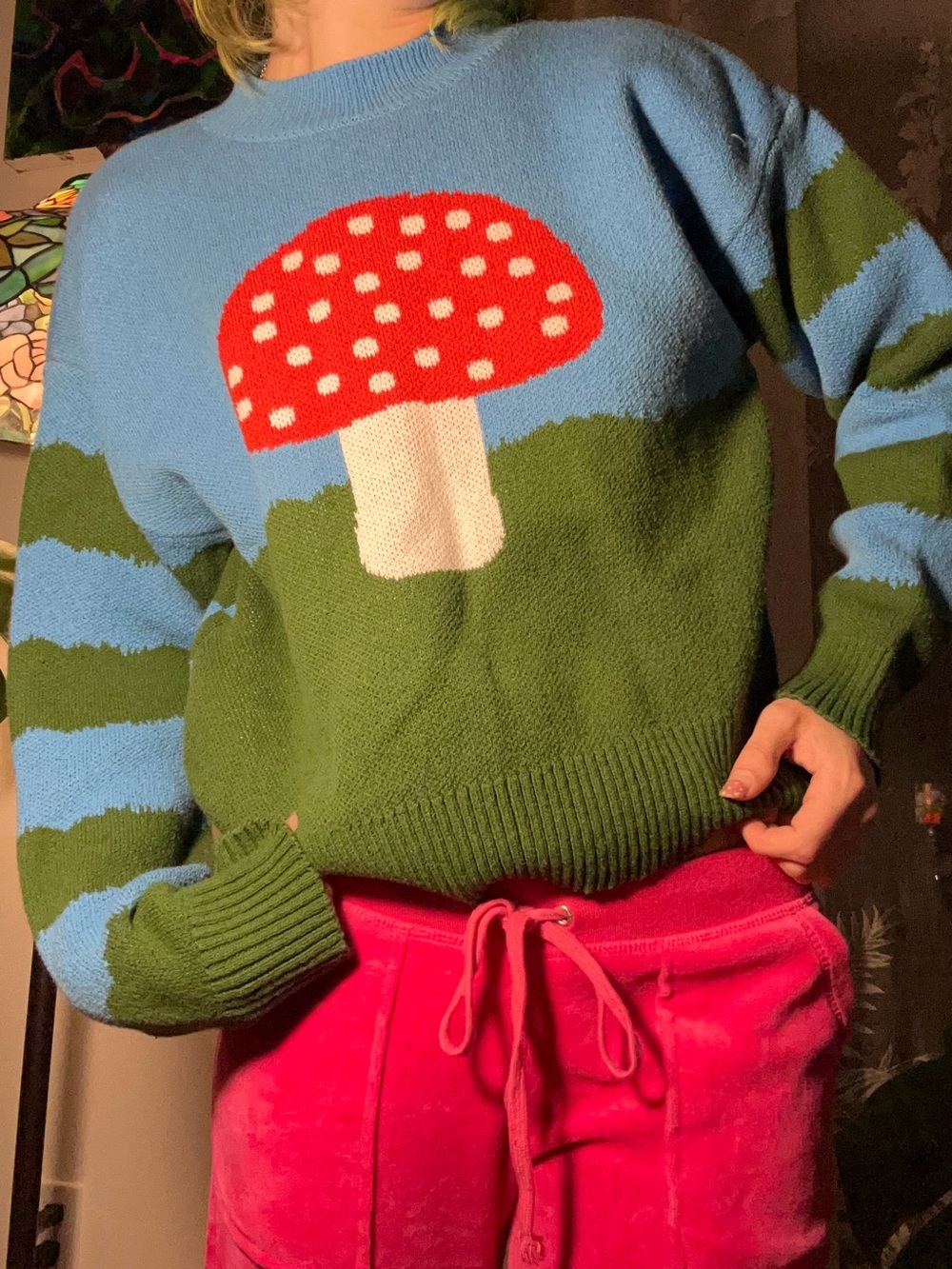 Cottagecore Knit Mushroom Checkerboard Sweater 🍄